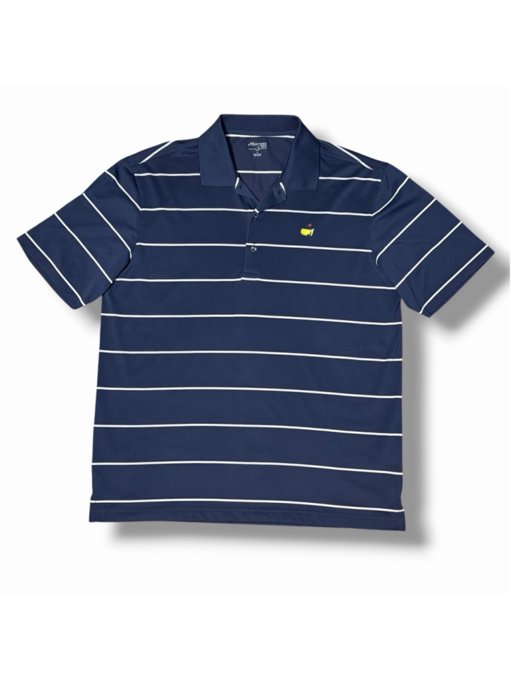 Masters Tech Mens Large Golf Polo Shirt Navy Blue White Striped Augusta National